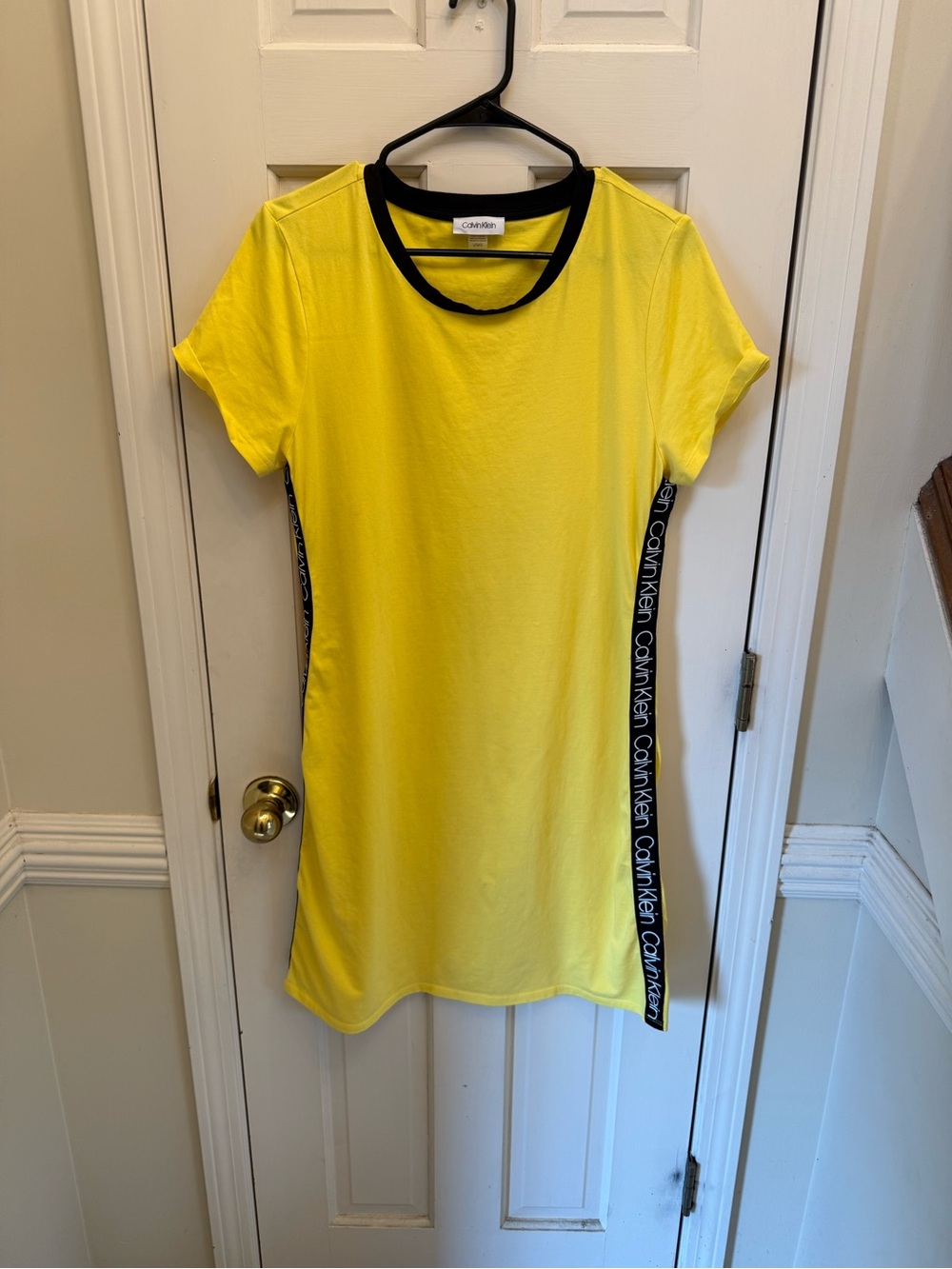 Calvin Klein Yellow Logo Tape T-Shirt Dress Black Trim Size Large